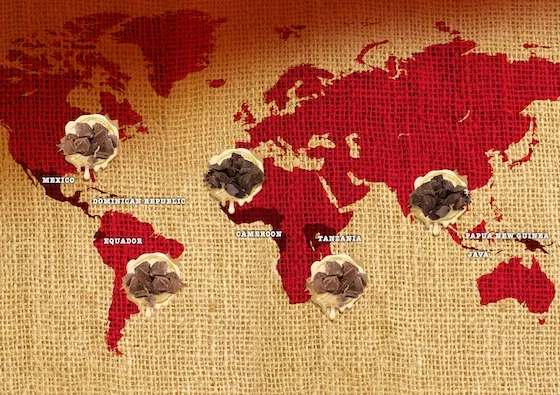 World map printed on burlap with countries in red, showing location of chocolate sources